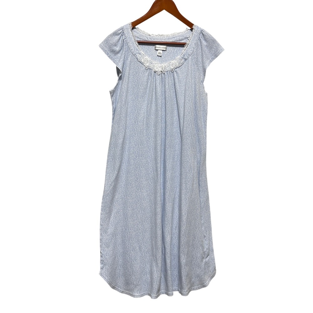 Miss Elaine Cottagecore Nightgown M Blue Floral Romantic Lace Trim Sleepwear